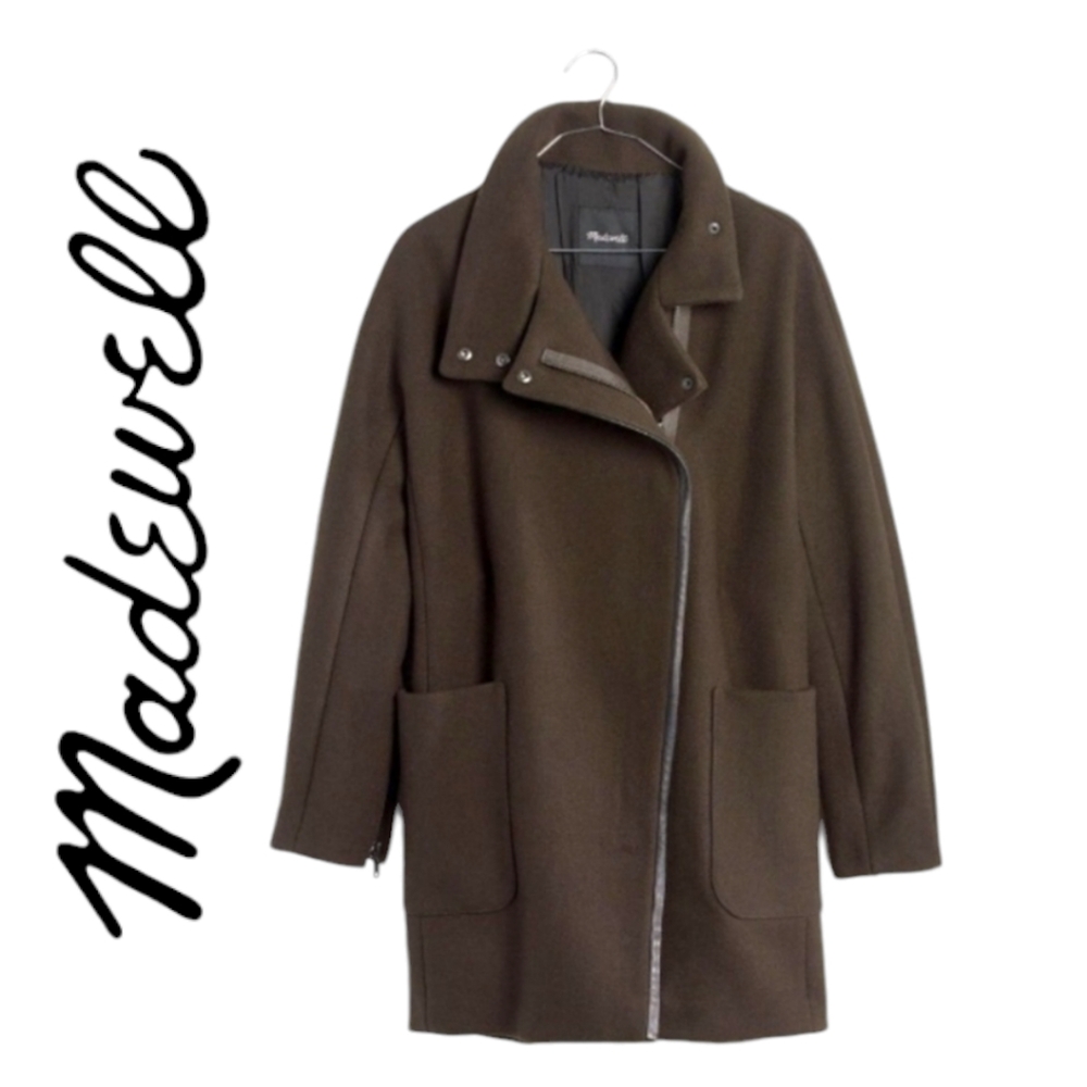 Madewell City Grid Funne Neckl Wool Coat in Olive Green Sz: 2